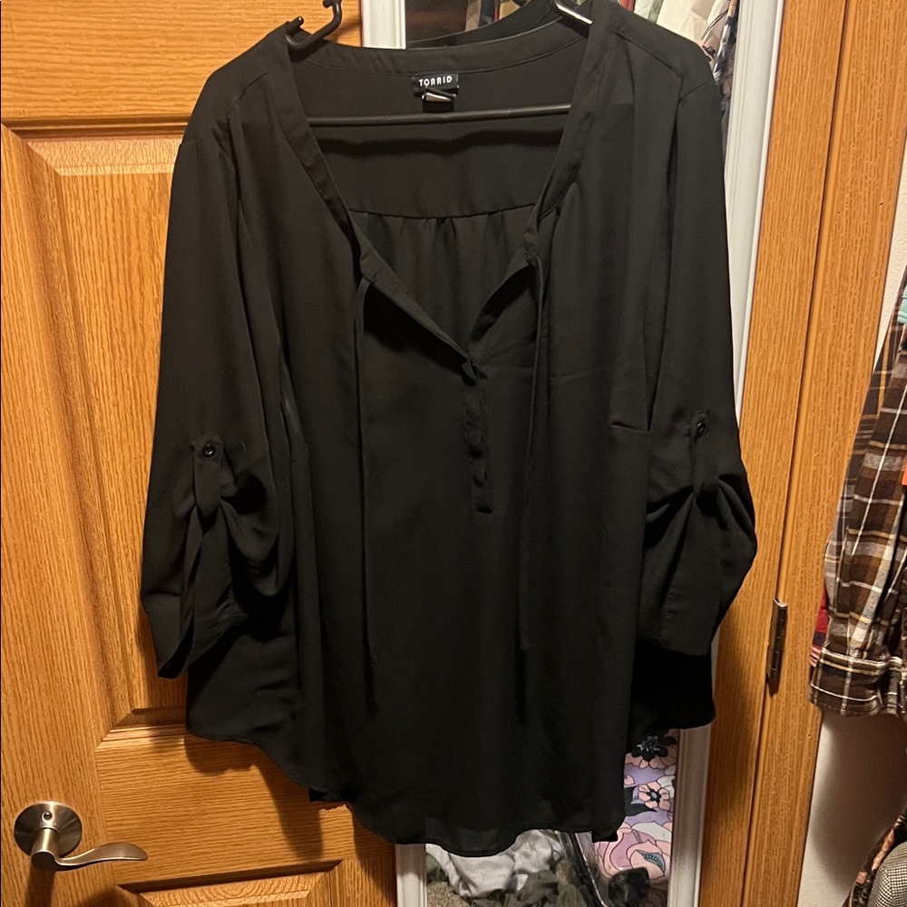Torrid Black Blouse with Roll-Tab Sleeves
